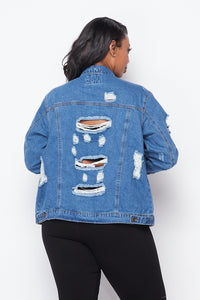 Plus Size Distressed Denim Jacket - Medium Wash - SohoGirl.com