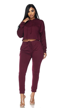 Everyday Pullover Cropped Hoodie Set - Burgundy - SohoGirl.com