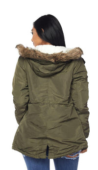 Satin Fur Lined Hooded Parka Coat - Olive - SohoGirl.com