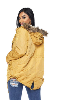 Satin Fur Lined Hooded Parka Coat - Mustard - SohoGirl.com