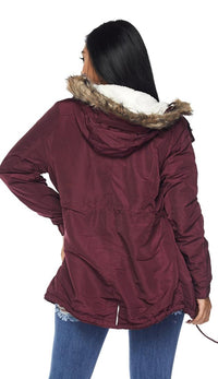 Satin Fur Lined Hooded Parka Coat - Burgundy - SohoGirl.com