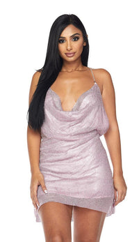 Rhinestone Chainmail Side Slit Mini Dress - Blush - SohoGirl.com