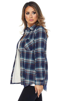 Faux Fur Lined Plaid Flannel in Blue - SohoGirl.com