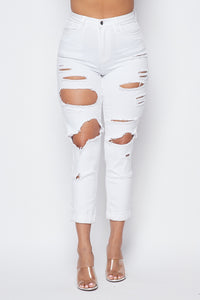 High Waisted Cut Out Boyfriend Jeans - White - SohoGirl.com