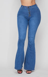 Button Fly Bell Bottom Stretchy Jeans - Medium Denim - SohoGirl.com