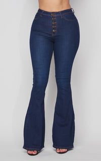 Button Fly Bell Bottom Stretchy Jeans -Dark Denim - SohoGirl.com