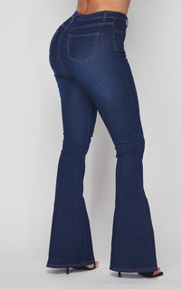 Button Fly Bell Bottom Stretchy Jeans -Dark Denim - SohoGirl.com