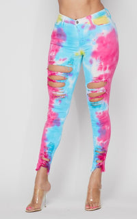 Distressed Ankle High Waisted Skinny Jeans (1-3XL) - Sunset Tie Dye - SohoGirl.com