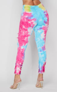 Distressed Ankle High Waisted Skinny Jeans (1-3XL) - Sunset Tie Dye - SohoGirl.com