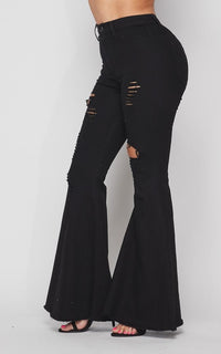 Vibrant Wide Flare Distressed Bell Bottom Jeans - Black - SohoGirl.com