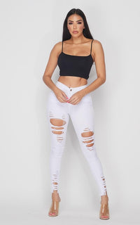 Distressed Ankle High Waisted Skinny Jeans - White - SohoGirl.com