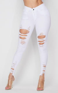 Distressed Ankle High Waisted Skinny Jeans - White - SohoGirl.com
