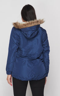 Satin Fur Lined Hooded Parka Coat - Navy Blue - SohoGirl.com