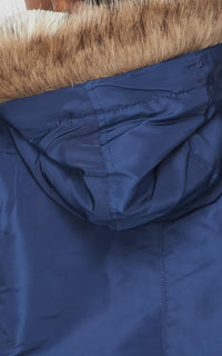 Satin Fur Lined Hooded Parka Coat - Navy Blue - SohoGirl.com