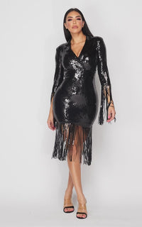Sequin Tassel 3-4 Sleeve Midi Dress - Black - SohoGirl.com
