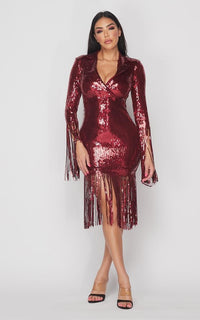 Sequin Tassel 3-4 Sleeve Midi Dress - Burgundy - SohoGirl.com