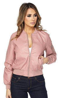 Pink Faux Leather Bomber Jacket - SohoGirl.com