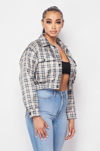 Plaid Print Cropped Bomber Jacket - Beige - SohoGirl.com