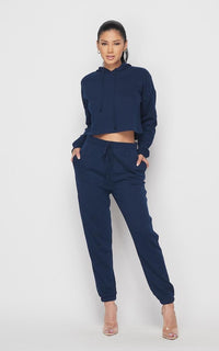 Crop Hoodie Sweater and Sweatpants - Navy Blue - SohoGirl.com