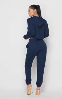 Crop Hoodie Sweater and Sweatpants - Navy Blue - SohoGirl.com