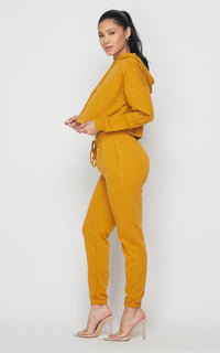Crop Hoodie Sweater and Sweatpants - Mustard - SohoGirl.com