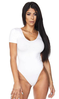 White Short Sleeve Thong Bodysuit - SohoGirl.com