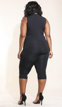 Plus Size Sleeveless Chevron Stripe Capri Jumpsuit in Black - SohoGirl.com
