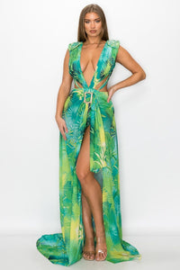 BANJUL BODYSUIT AND MATCHING COVER UP -GREEN PRINT - SohoGirl.com