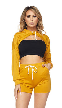 High-Low Drawstring Hoodie and Shorts - Mustard - SohoGirl.com