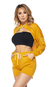 High-Low Drawstring Hoodie and Shorts - Mustard - SohoGirl.com