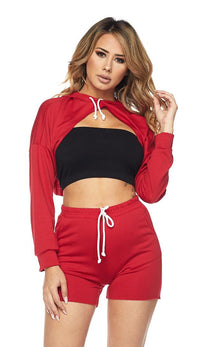 High-Low Drawstring Hoodie and Shorts - Red - SohoGirl.com