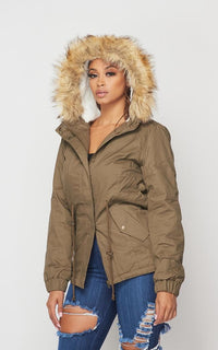 Plus Size Fur Lined Hooded Parka Coat - Dark Olive - SohoGirl.com