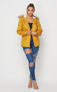 Fur Lined Hooded Parka Coat - Mustard - SohoGirl.com