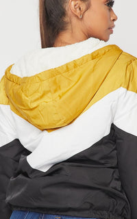 Fur Hooded Chevron Striped Bomber Jacket - Black-Mustard - SohoGirl.com