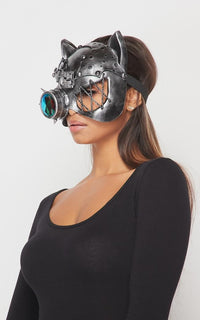 Steampunk Mechanical Cat Mask with Crystal Goggle - Silver - SohoGirl.com