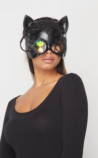 Steampunk Mechanical Cat Mask with Crystal Goggle - Black - SohoGirl.com
