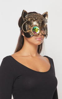 Steampunk Mechanical Cat Mask with Crystal Goggle - Gold - SohoGirl.com