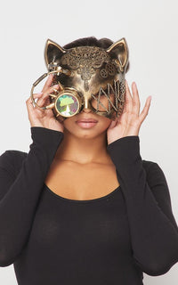 Steampunk Mechanical Cat Mask with Crystal Goggle - Gold - SohoGirl.com