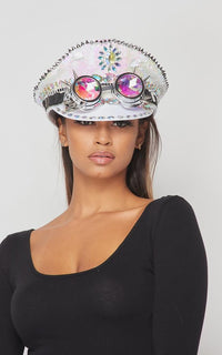 Steampunk Goggle Captain Hat with Reversible Sequins - White - SohoGirl.com