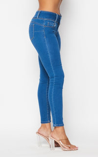 3 Button Push-Up Denim Skinny Jeans - Medium Denim - SohoGirl.com