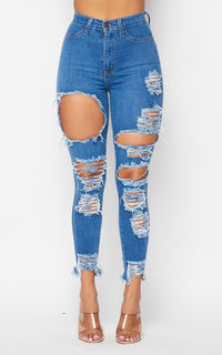 Vibrant Cut Out Heavy Distressed Jeans - Medium Denim - SohoGirl.com