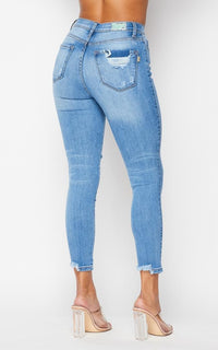 Vibrant Crop Ripped Knee Skinny Jeans - Medium Denim - SohoGirl.com