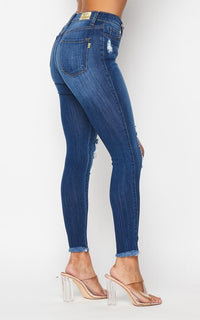 Vibrant Knee Cut Out Skinny Jeans - Dark Denim - SohoGirl.com