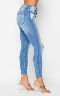 Vibrant Knee Slit Vintage Wash Jeans - Medium Denim - SohoGirl.com
