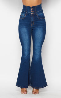 Belted Waist Bell Bottom Jeans - Dark Denim - SohoGirl.com
