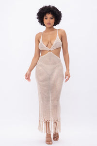 Spaghetti Strap Crocket Maxi Dress W/ Front Cut Outs & Fringes - Nude - SohoGirl.com