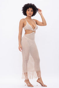 Spaghetti Strap Crocket Maxi Dress W/ Front Cut Outs & Fringes - Nude - SohoGirl.com