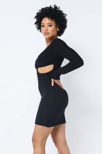Long Sleeve Scoop Neck Teddy Mini Dress - Black - SohoGirl.com