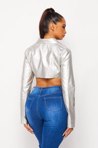 Cropped Faux Leather Jacket W/ Front Patches - Silver - SohoGirl.com