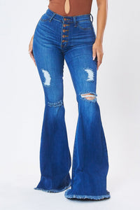 Vibrant Five-Button High Waisted Distressed Bell Bottom Jeans - Medium Denim - SohoGirl.com
